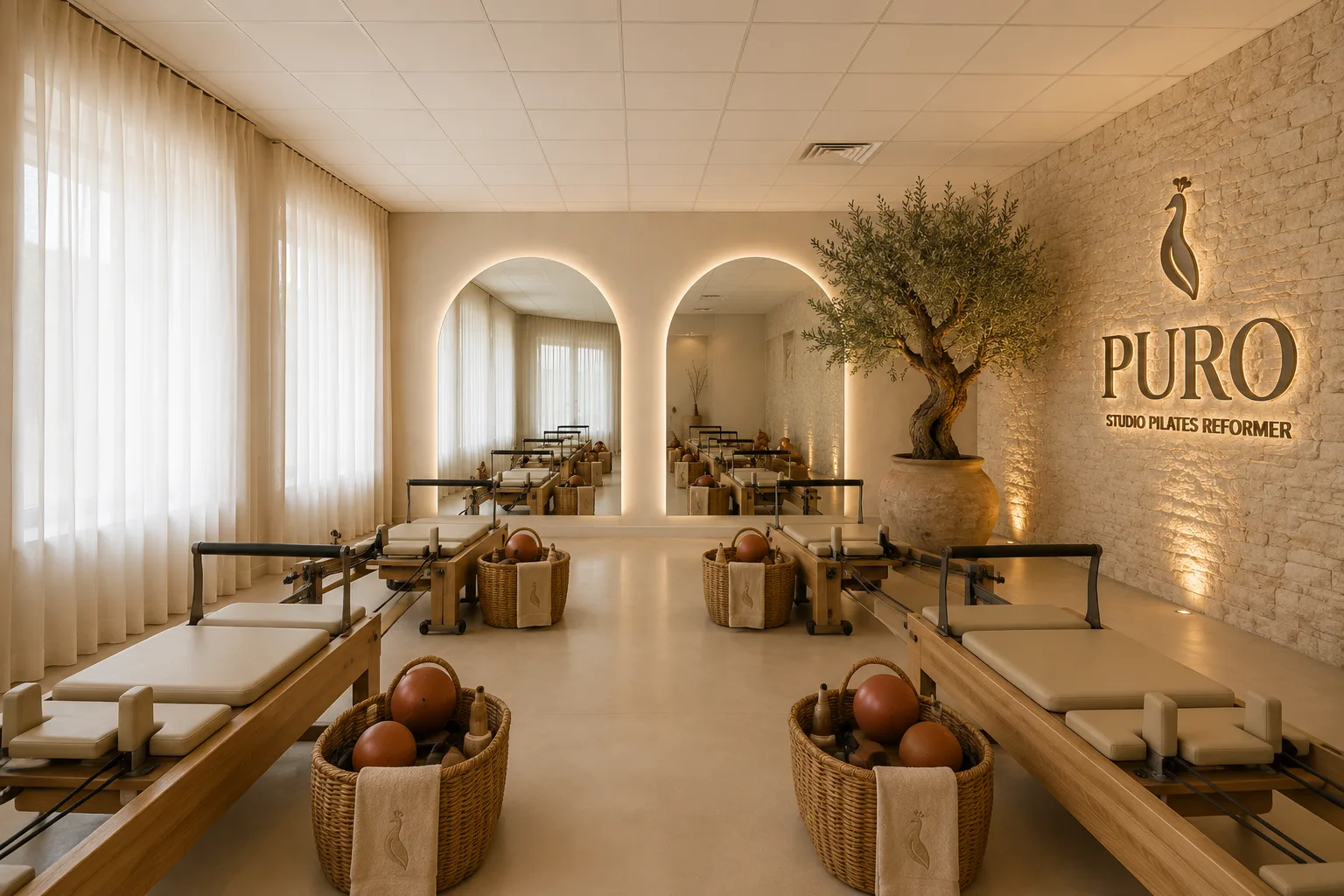 Studio PURO Pilates Reformer à Magalas — Reformers bois et beige, olivier et mur en pierre