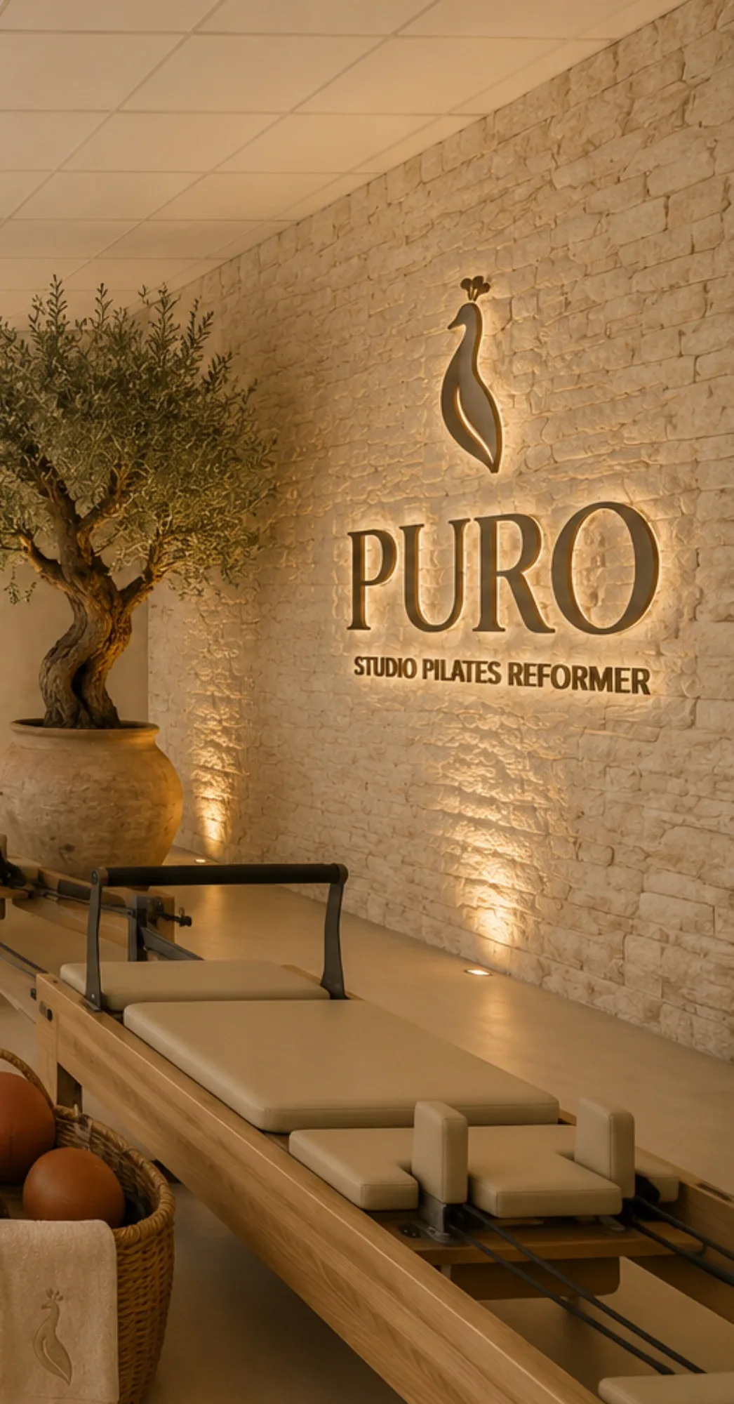 Studio PURO — logo en relief sur mur de pierre, olivier et Reformer